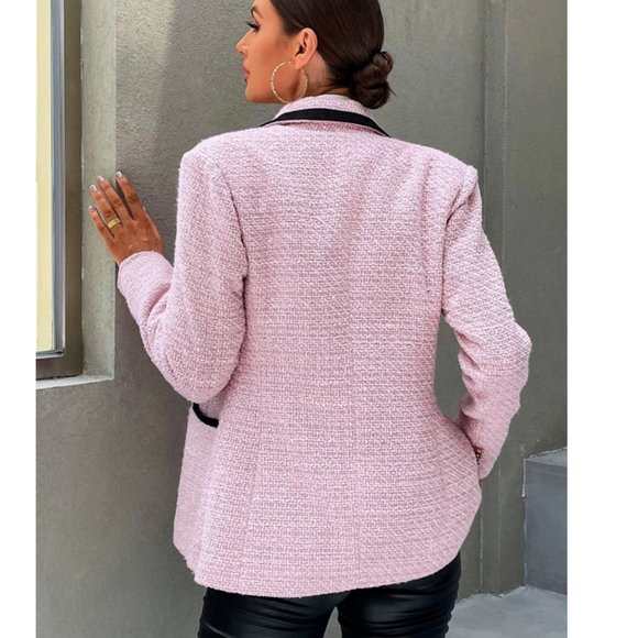 Black trimmed detailed Pink tweed Double Breasted Blazer - Picture 6 of 7